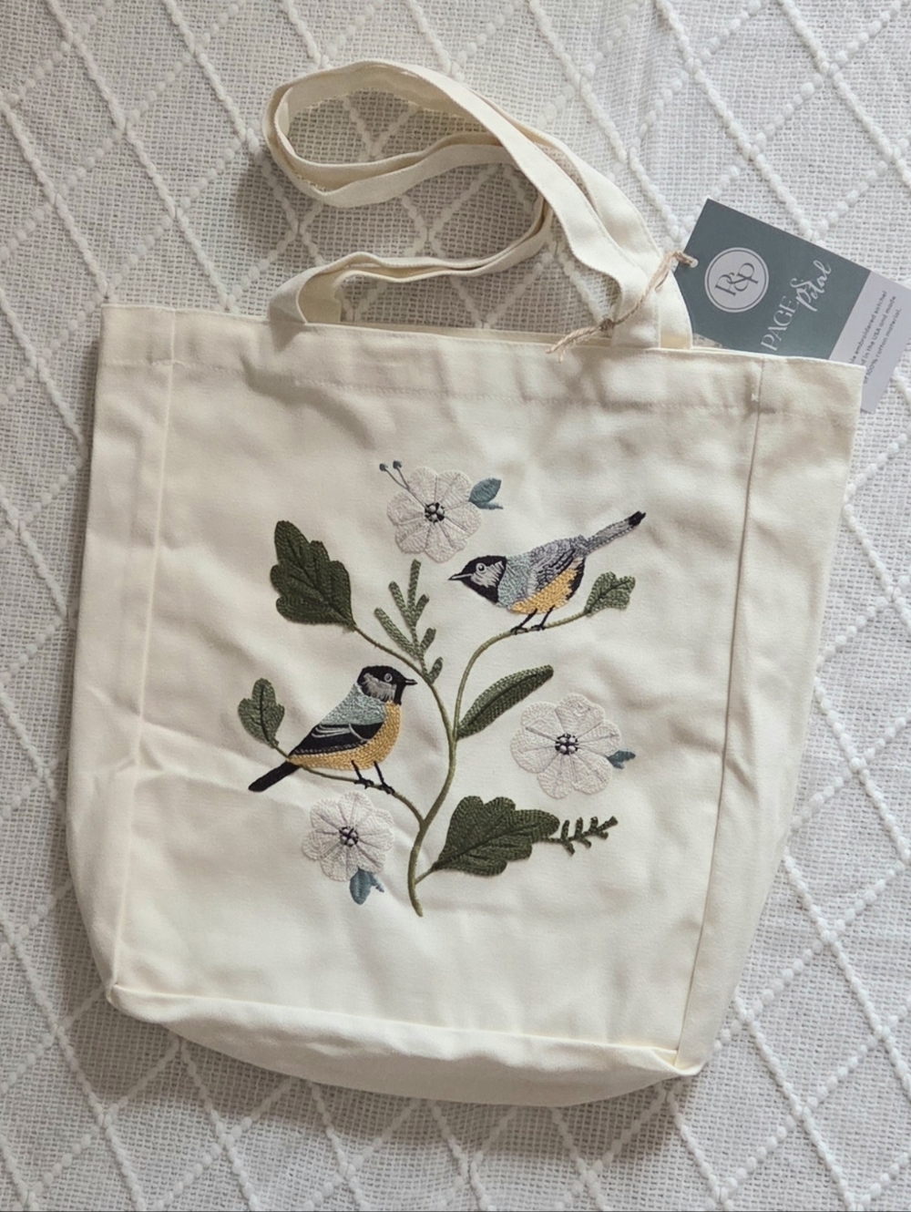 Page And Petal Birds Flowers Resuable Embroidered Cotton Tote Satchel